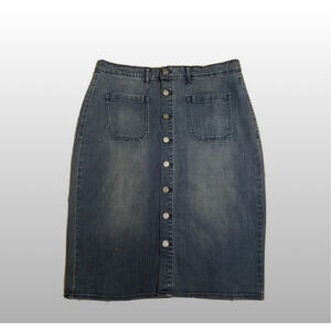 HAUTE HIPPIE Darcy Medium Wash Denim Button Front Pencil Skirt Jean Sz 14 Y2K